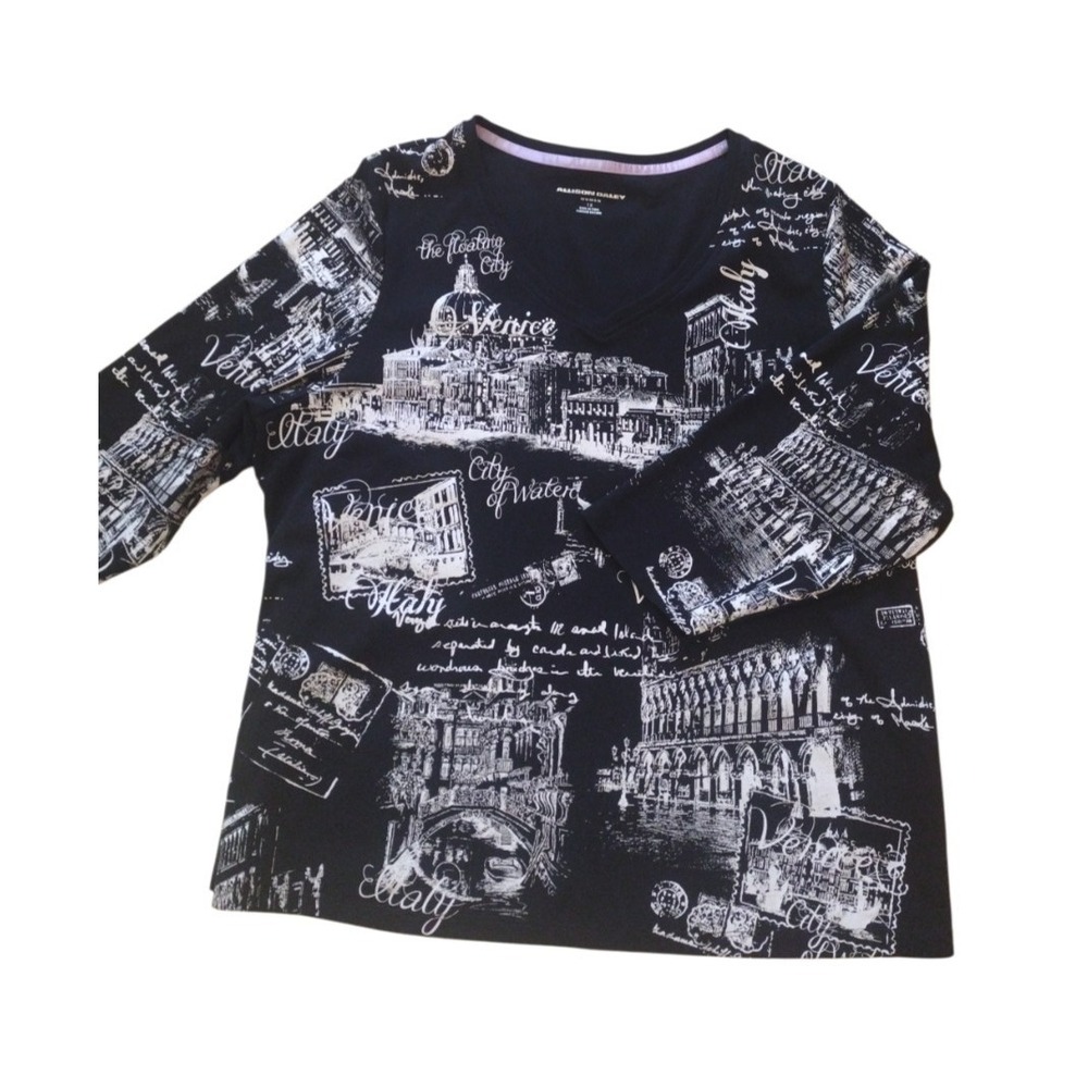 Alison Daley Blouse Woman's 1X Black White Europe Stamps Rhinestones 3/4 Sleeves